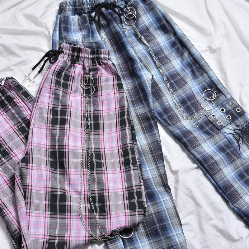 Nameless Japanese Style Volcan Subculture Harajuku Dark Punk Plaid Chain Casual Straight Pants Y2K
