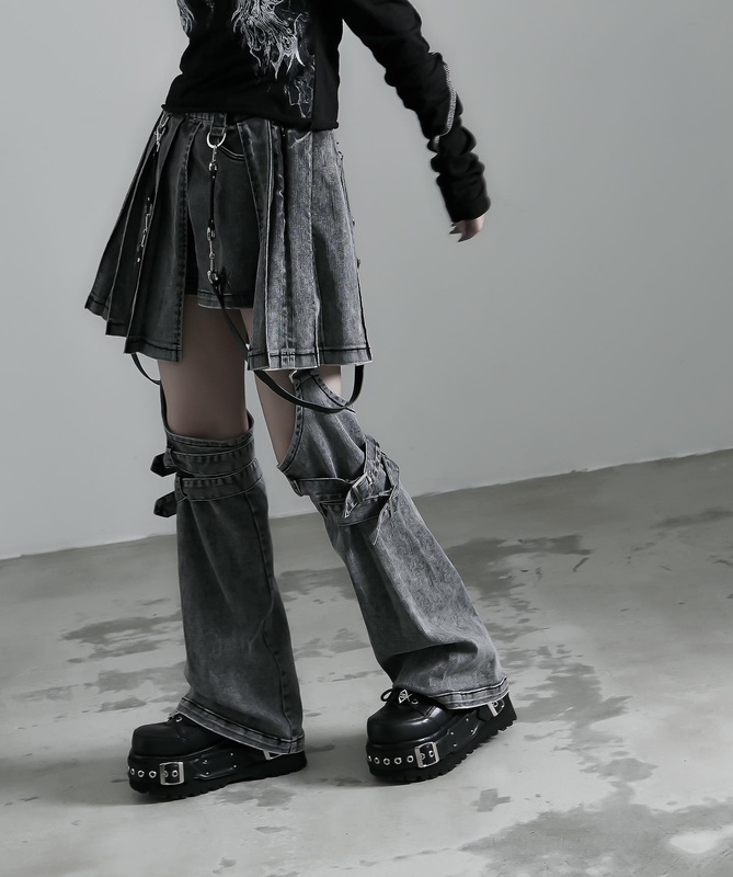 Nameless Japanese Style Rf Popular Subculture Dark Punk Hot Girl Suspender Leg Warmers Denim Pleated Skirt Pants Y2K Nameless Japanese Style Rf Popular Subculture Dark Punk Hot Girl Suspender Leg Warmers Denim Pleated Skirt Pants Y2K