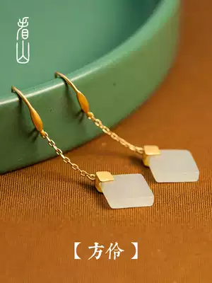 Look at the Mountain) Fang Ling) Hetian white jade stone ear pendant female sterling silver jewelry retro French Gold wind raising earrings nail New