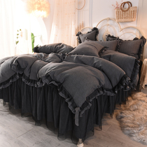  Korean princess style solid color four-piece set pure cotton cotton bed skirt net red bedspread bed cover quilt cover simple style