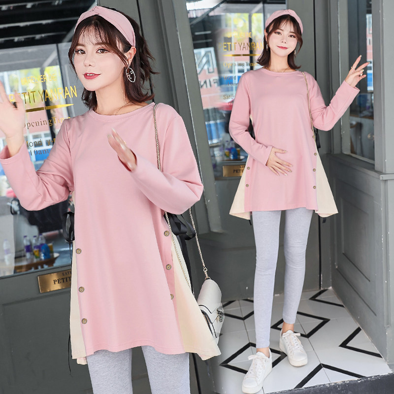 The new fattening large size maternity dress spring and autumn dress pure cotton long sleeves fake two-piece set base top T-shirt 200 pounds