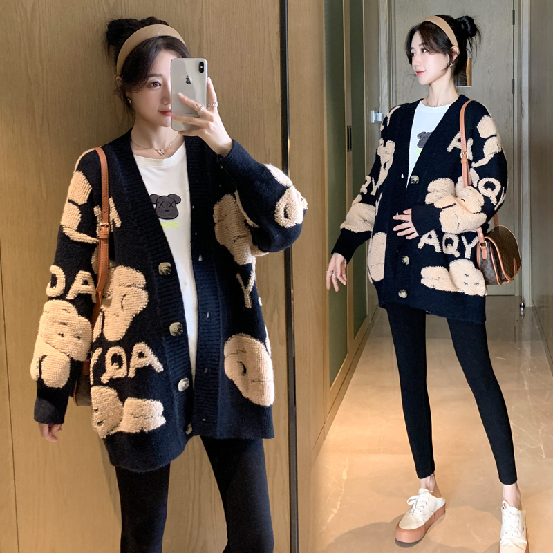 Plus-Size Maternity Cardigan Sweater Coat, Autumn and Winter Long-Sleeve Top, Loose Belly-Covering Top, Leggings Set 100kg