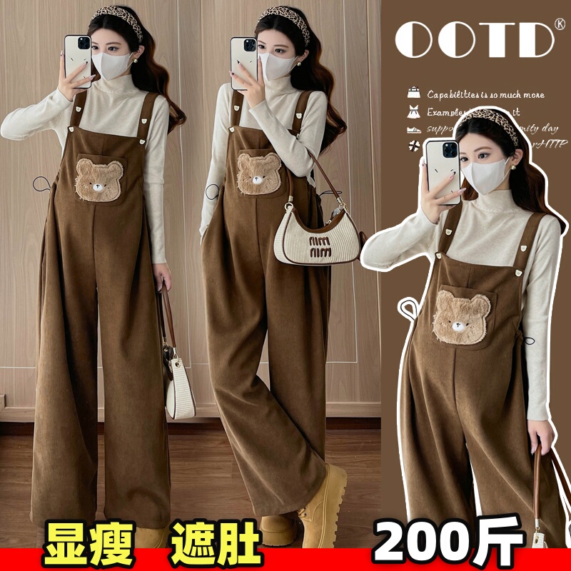 Plus-Size Maternity Overalls Long-Sleeve Top Set Autumn/Winter Knit Base Layer + Cartoon Fleece-Lined Thickened Pants 100kg