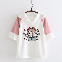 Girls Half Sleeve Summer Princess Cotton Japanese Forest Female Cartoon Print Hooded Short sleeve T-shirt Student girl Hoodie Tide T