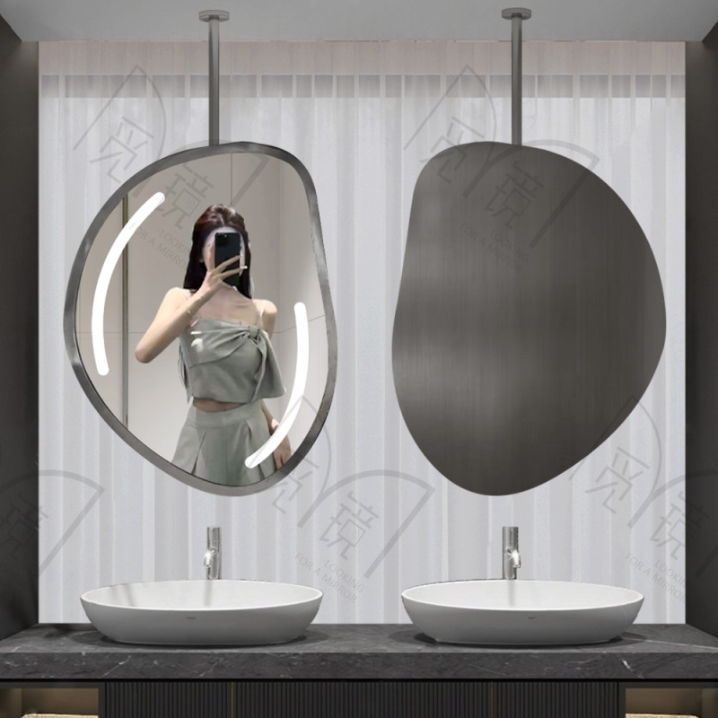 Creative Special-Shaped Ceiling Suspended Hanging Mirror Washbasin Boom Mirror with Light Smart Mirror Stainless Steel Hanging Makeup Mirror