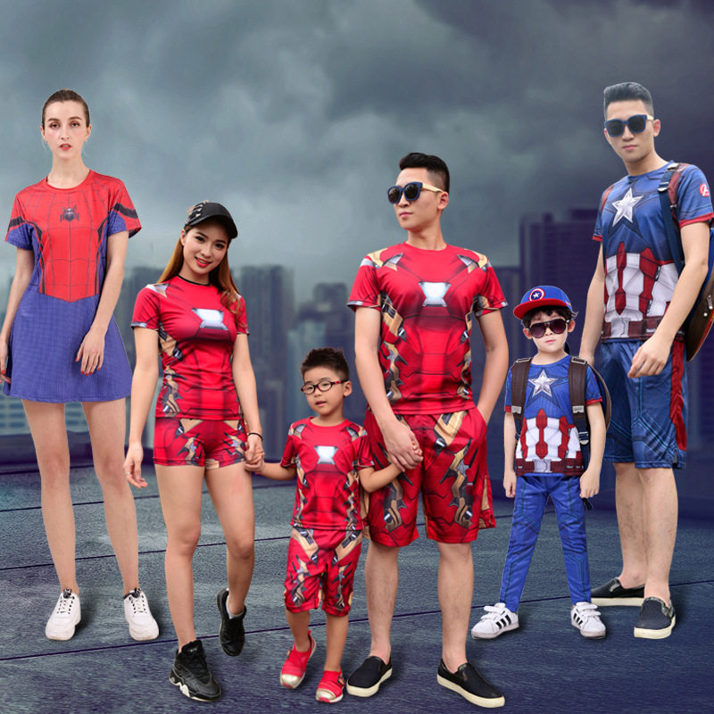 Captain America Iron Man Spider-Man Net Red Douyin Parent-Child Pack Family Three Summer Suit Four Ultraman Clothes