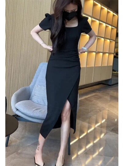 French high-end puff sleeve square neck black dress women's summer temperament slit hepburn style petite skirt