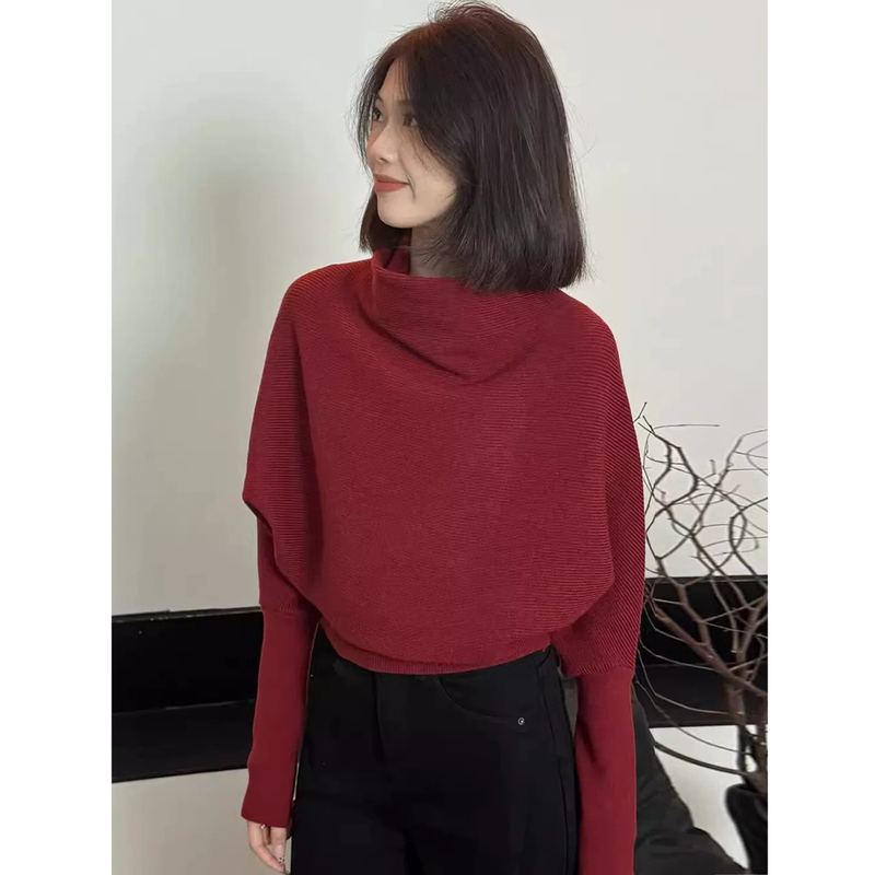 Lazy Style Red Turtleneck Batwing Sleeve Sweater for Women, Autumn and Winter Loose Fit, Slimming and Elegant Pullover Knitwear