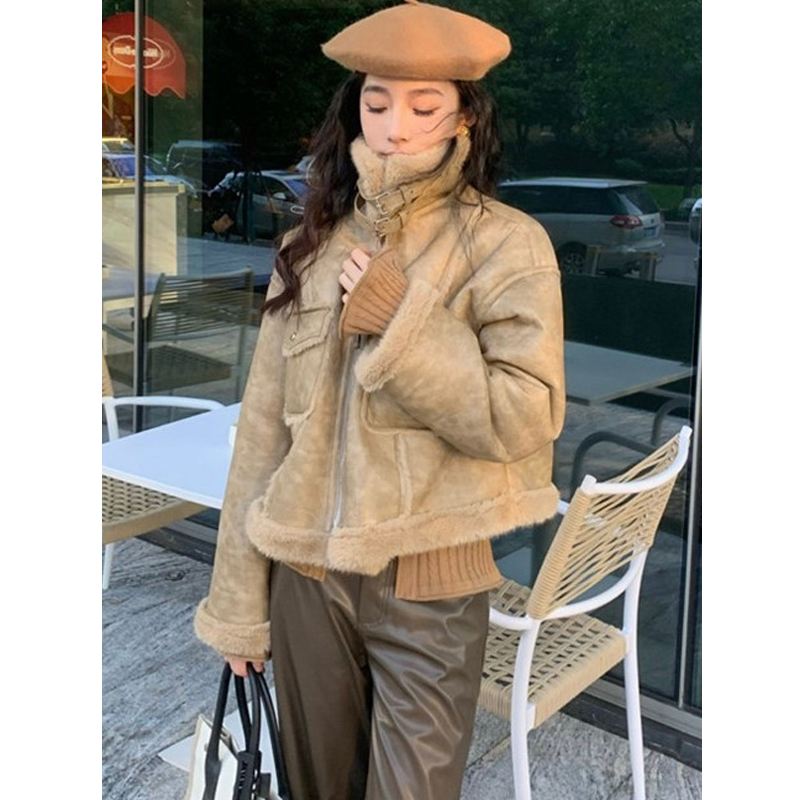 Fur-Lined Stand Collar Jacket for Women, Autumn and Winter, Petite Size, Thickened Warm Short Biker Cotton Coat