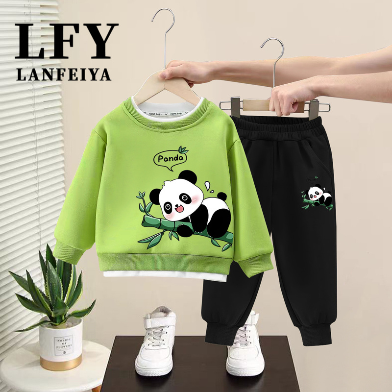 Children's Spring and Autumn Clothing, Boys and Girls Cartoon Panda Pattern Fake Two-Piece Round Neck Long-Sleeved Sweatshirt and Sweatpants Set, Trendy Clothes
