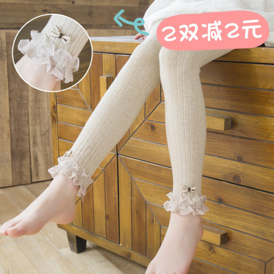 Girls leggings spring and autumn thin section pure white cotton new children's long pants lace bowknot baby