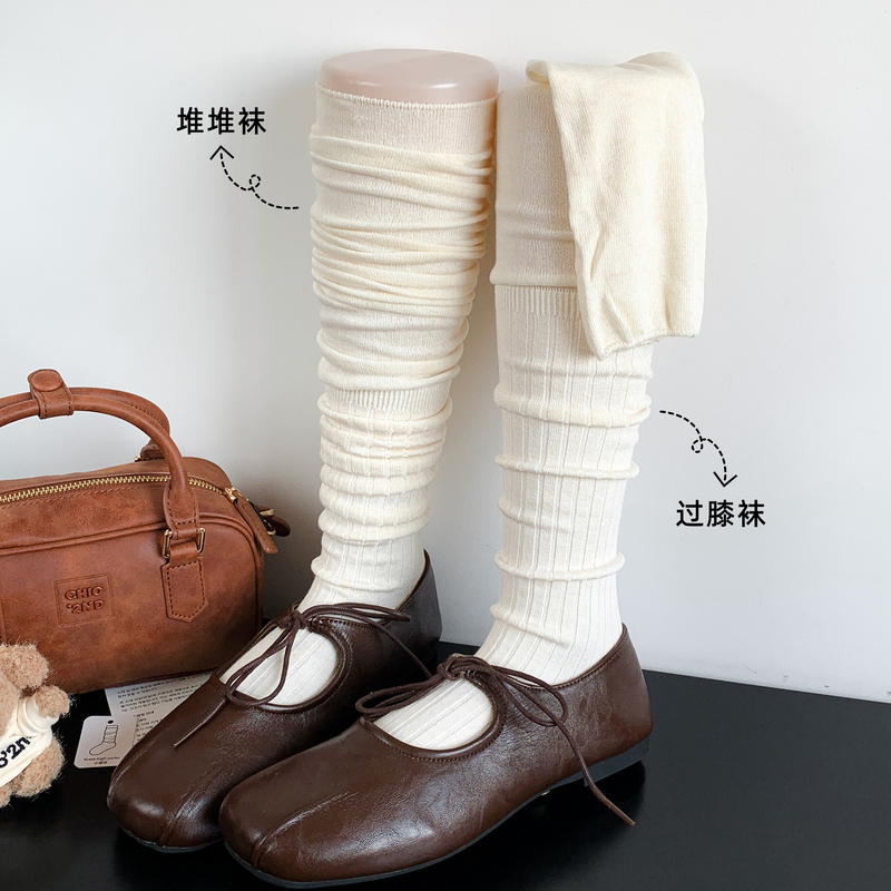 Japanese Style Jk Off-White Calf-High Socks for Women, Spring and Autumn Thin Cotton Boot Socks, Wide Stripe Slimming Long Over-The-Knee Socks to Match Boots