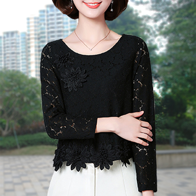 High-Waisted Chiffon Stylish Age-Reducing Short Top with Fleece Lining and Thickened Material for Women, Loose Fit, Tummy-Covering, Round Neck, Long-Sleeved, Sweet Lace Blouse