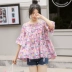 Mùa hè hoa Hàn Quốc phiên bản rộng kích thước lớn a-line áo sơ mi nữ mới che bụng cao eo dây áo sơ mi bé phồng - Áo sơ mi dài tay