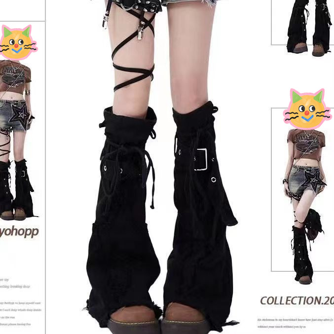 Y2Kホットガールブラックデニムレッグウォーマー、スリムドローストリングスラウチソックス、クロスデザイン、ブーツウォーマー、フレアソックス、トレンディ