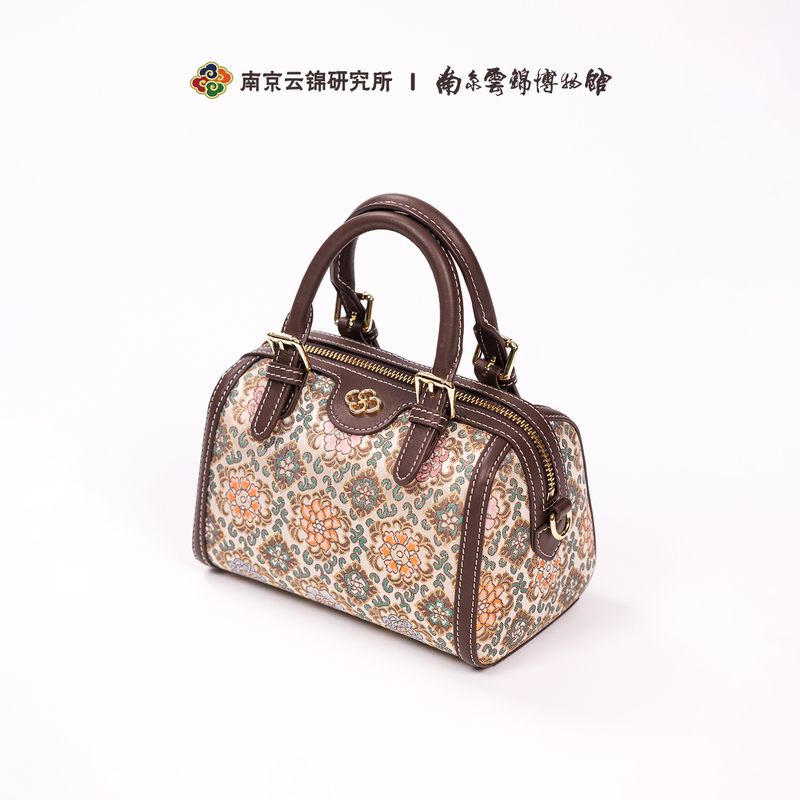 Boston Genuine Leather Bag with Brocade Embroidery, New Chinese Style Peony Pattern, Classical Commuting Style, Nanjing Yunjin Research Institute Museum