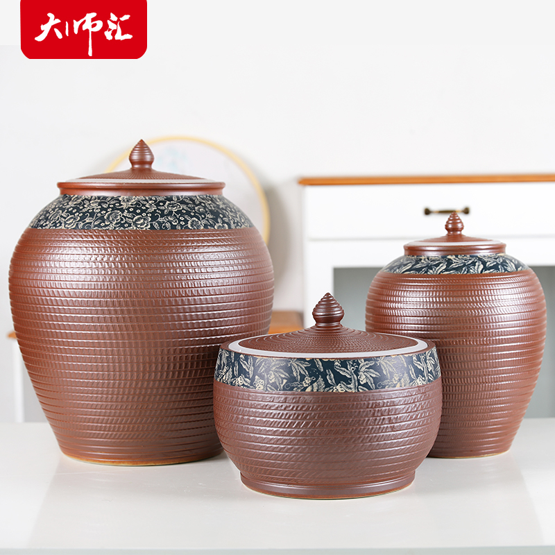 Ceramic barrel with cover coarse pottery household moistureproof ricer box basin surface water cylinder kimchi storage tank bin