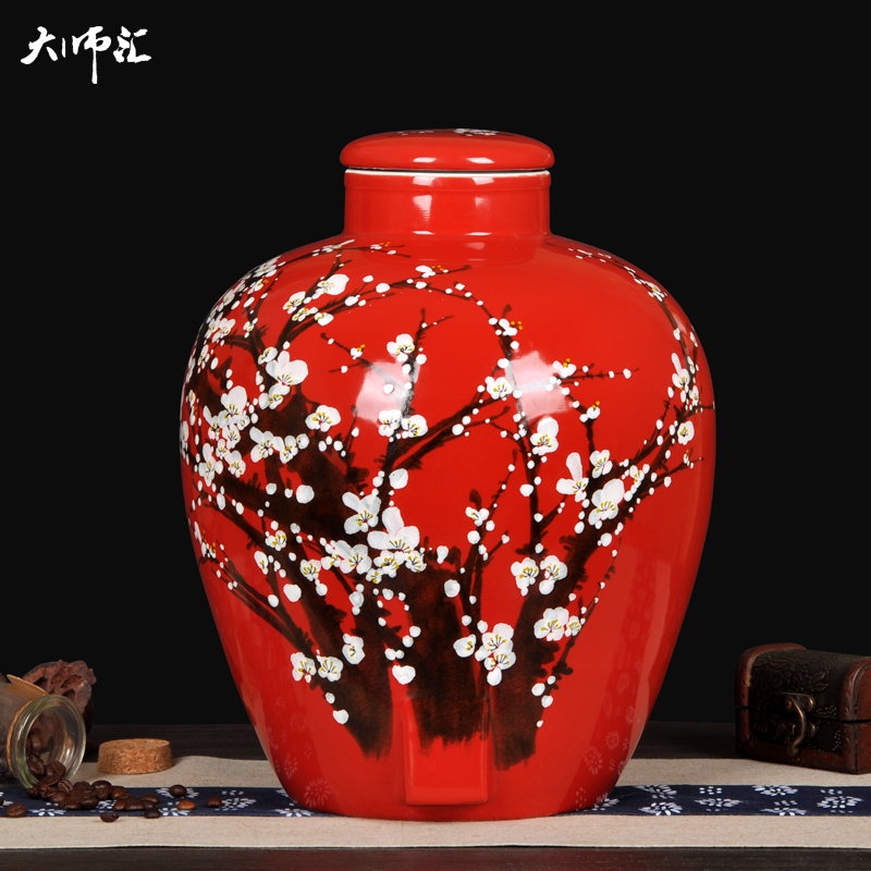 Jingdezhen ceramic jars 20 jins seal it mercifully bottle the wine bottle wine jar hand - made name plum blossom put with the tap