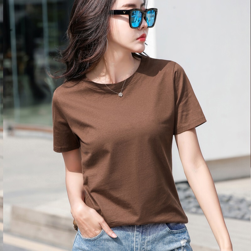 Solid Color T-Shirt for Women, Short-Sleeved, 2026 Summer New Style, Loose Casual Sports Pure Cotton Undershirt, Half-Sleeve, Coffee Color Top Solid Color T-Shirt for Women, Short-Sleeved, 2026 Summer New Style, Loose Casual Sports Pure Cotton Undershirt, Half-Sleeve, Coffee Color Top