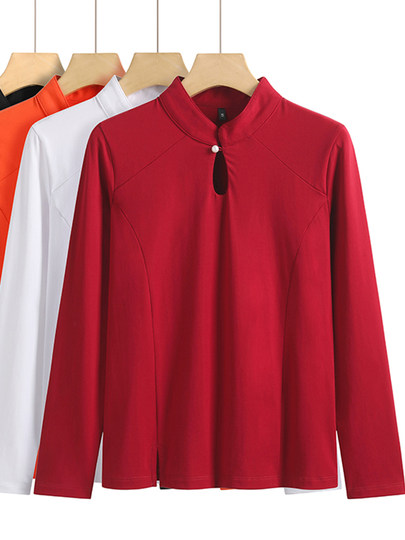 立领纯棉打底衫女春秋长袖t恤洋气新轻国风改良中式盘扣镂空上衣