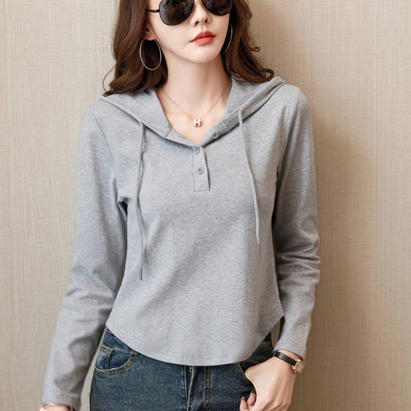Hooded Button-Up Long-Sleeve T-Shirt for Women, Short Top, 2026 Spring and Autumn, Slimming, Stylish, Thin Sweatshirt, Base Layer Hoodie, Trendy