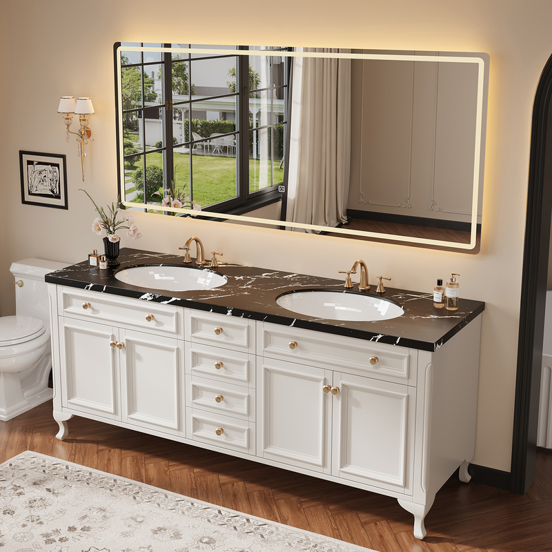 American-Style Oak Bathroom Cabinet Set, Floor-Standing Double Basin Washstand, White Washbasin Cabinet, Smart Bathroom Furniture American-Style Oak Bathroom Cabinet Set, Floor-Standing Double Basin Washstand, White Washbasin Cabinet, Smart Bathroom Furniture