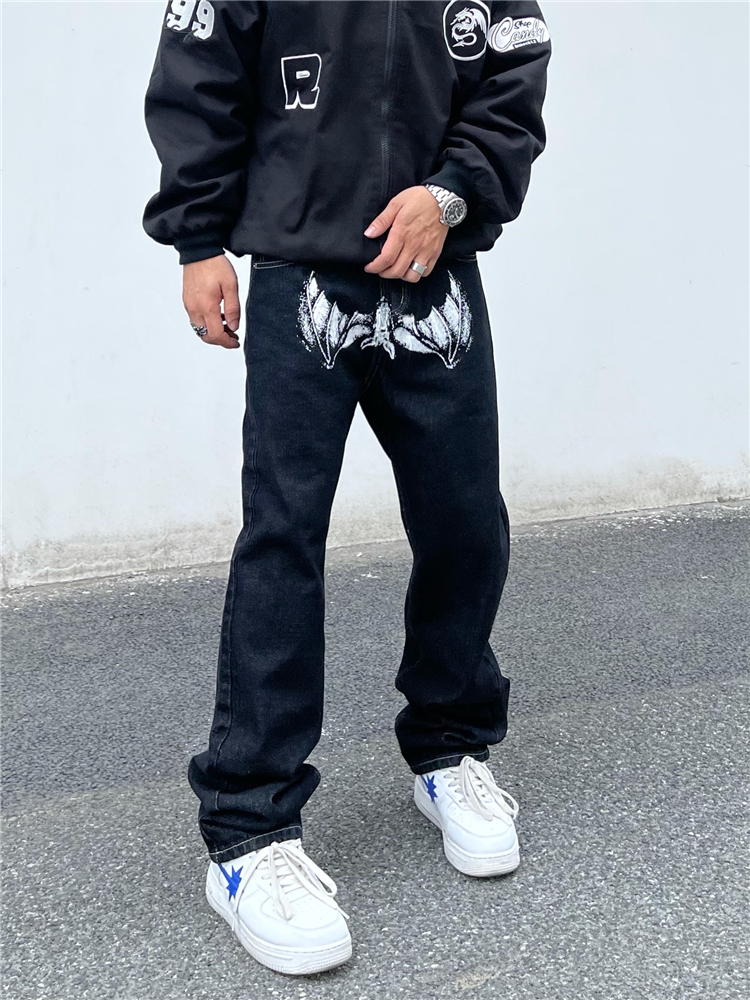 American Retro Multi-Pocket Jeans Loose Pants Men's Trendy Brand Wide-Leg Face Printed Pants_voghion.com