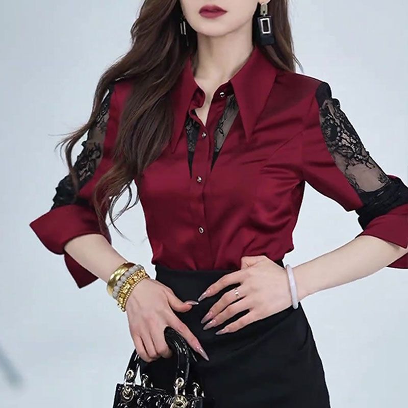 French-Style Light Luxury Lace Mesh Patchwork Top for Women, Spring and Autumn Season, Slim Fit, Age-Reducing, Fashionable Red Long-Sleeve Shirt