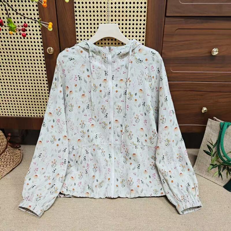 8611 Hemp Original Print Hooded Sun Protection Clothing, Artistic Floral Hooded Zipper Jacket