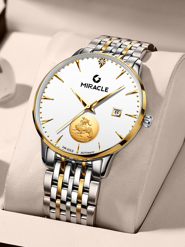 Official Men's Watch Mechanical Watch Fully Automatic Stainless Steel Business Watch 24K Gold Coin Cat Luxury Gold Watch