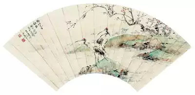 Art micro-spray Wang Xuetao Mei wife crane fan 50x24cm