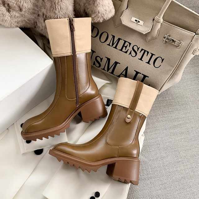 Axige same style Martin boots women's 2022 autumn and winter new thick heel square head thick bottom color matching side zipper mid-tube rain boots