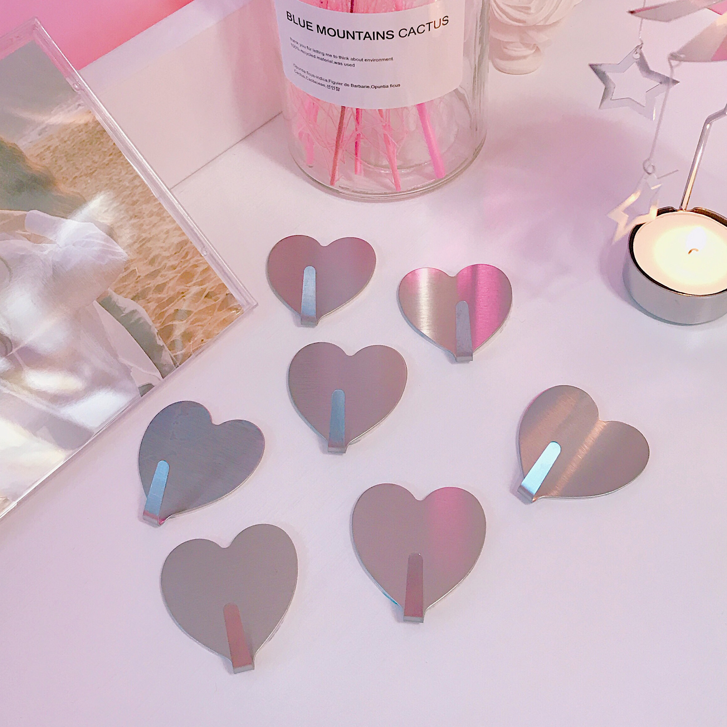 South Korea Love Silver Color Stainless Steel Hook Free of Scar Adhesive Hook Chic Girl Pink Peach Hearts Room Decoration Hook