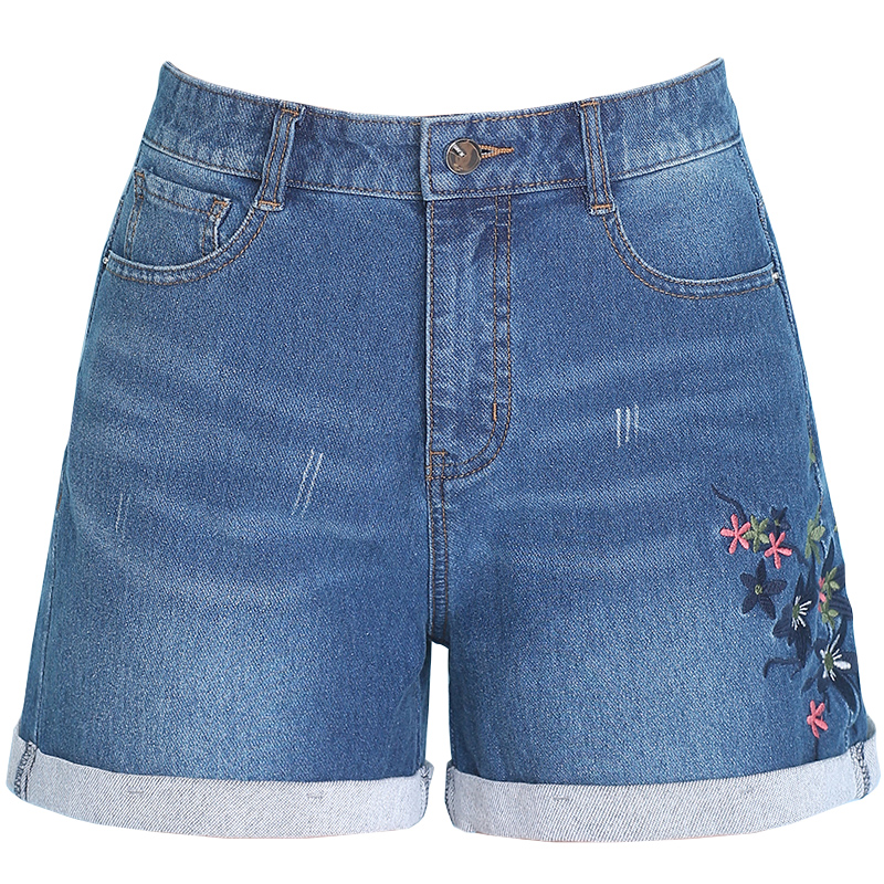 Sau mùa hè roll-cạnh chương trình thêu denim quần short phụ nữ mỏng eo cao hiển thị quần mỏng nóng lớn mã loose-fitting quần ba điểm