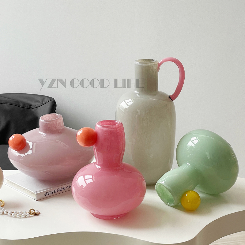 Colorful Glass Vase Art ins Candy-Colored Round Vase Living Room Model Room Soft Decoration Ornaments with a High-End Feel