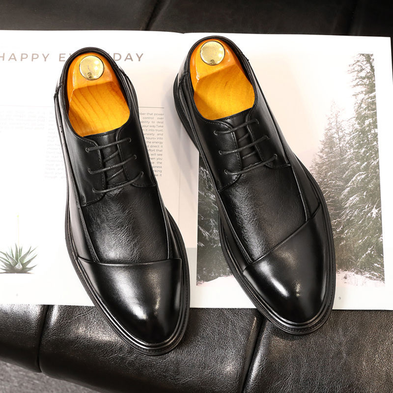 Leather shoes men's business dress leather brown lace-up thick bottom pointed youth Korean version of the trend to increase the groom's wedding shoes