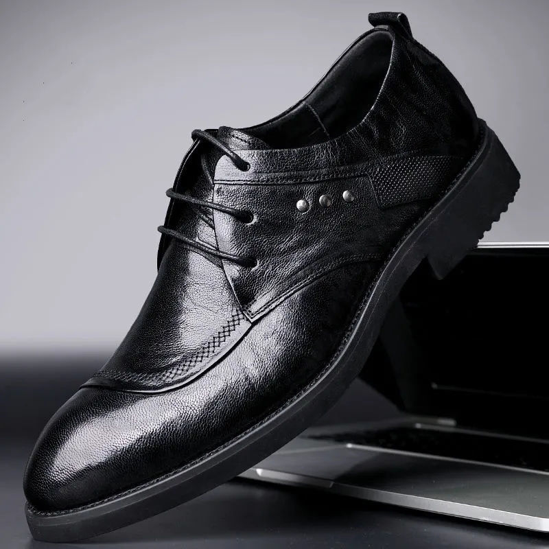 Men's leather British business casual pointed toe low-top breathable all-match Korean version of the new trendy formal dress inner heightening leather shoes