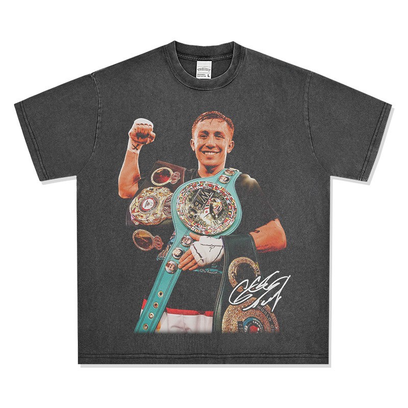 Ggg Nadjolovkin American Boxing Retro Print Trendy Brand Loose Washed Heavy Cotton Long and Short Sleeve T-Shirt