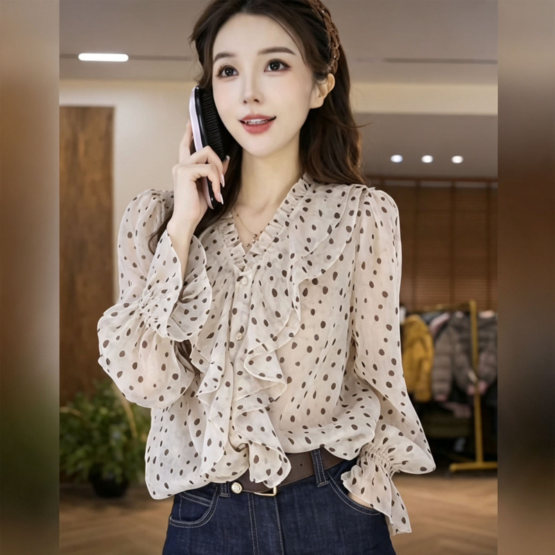 French-Style Polka Dot V-Neck Long-Sleeved Shirt for Women, Ruffled Chiffon Top, Early Autumn High-End Casual Versatile Piece