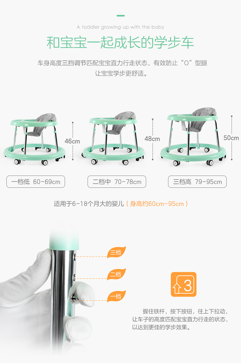 Kumi trẻ sơ sinh con walker 6 7-18 tháng nam bé gái đa chức năng chống rollover đẩy có thể ngồi trên dòng xe đẩy cho bé ngồi