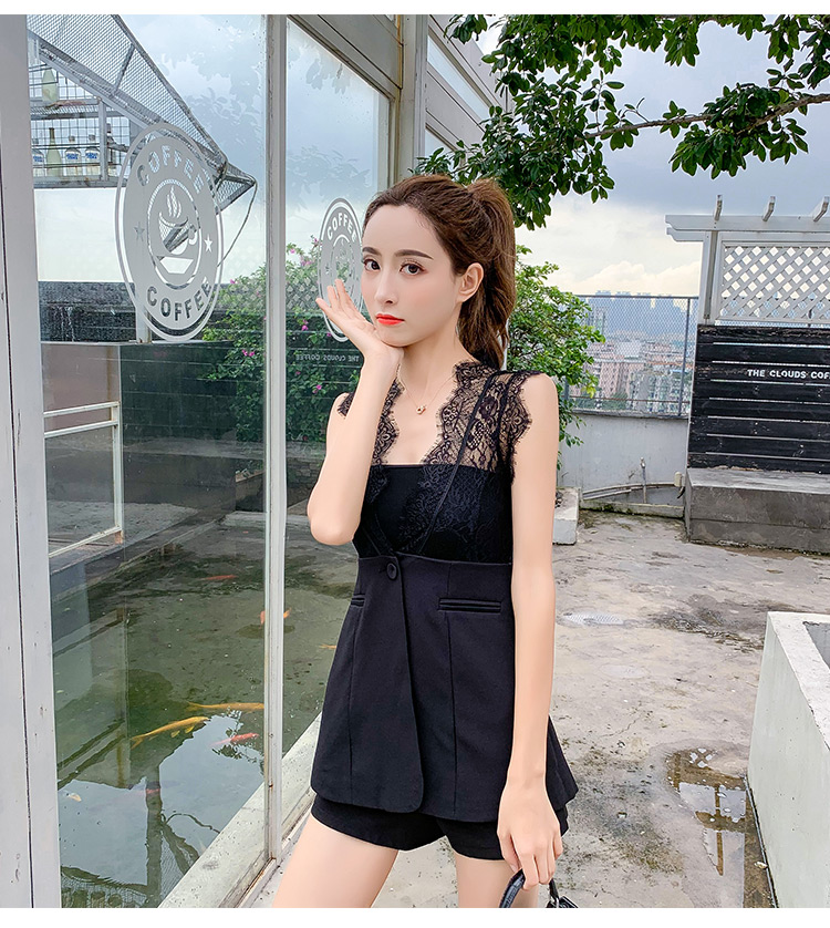 VK旗艦店 韓系拼接馬甲抹胸高腰寬口短褲套裝無袖褲裝
