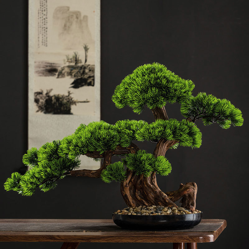 Artificial Welcoming Pine Ornaments, New Chinese-Style Entrance Hall and Living Room Decoration, Solid Wood Landscaping Tree, Green Plants, Thuja, Thuja Orientalis Bonsai