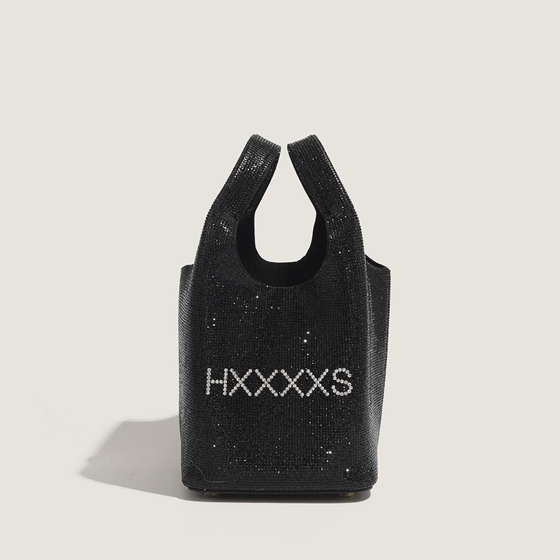 New Black Bucket Bag Full of Rhinestones, Handbag, Genuine Leather, Soft Cowhide, High-End Feel, Niche Laser Women's Bag, Versatile