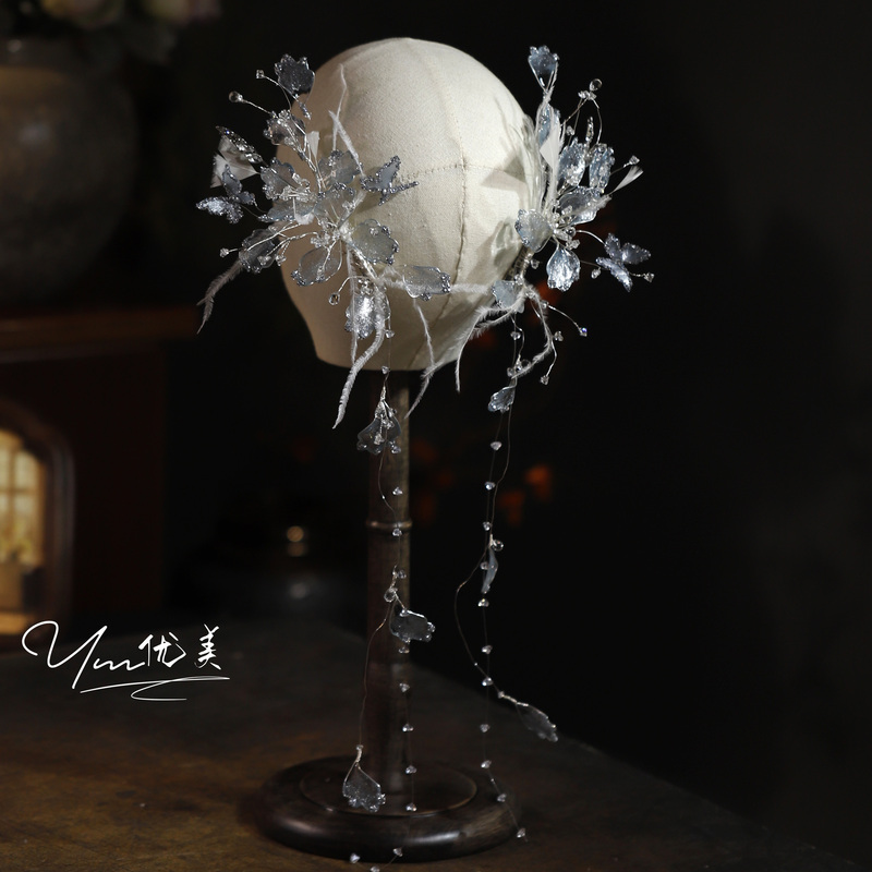 New Super Fairy-Like Ice Blue Crystal Feather Flower Tassel Bridal Beautiful Hairpin Wedding Updo Photo Hair Accessory