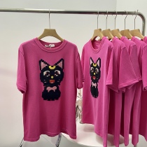 Sweet Young Wild Cat Berry Fruit Color Loose Short Sleeve T-Shirt Woman Little Subsummer Embroidered Half Sleeve