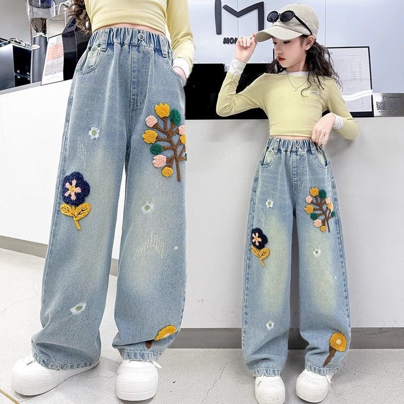 2026 New Korean Style Girls' Jeans, Spring and Autumn Style, Outerwear Children's Wide-Leg Pants, Loose Fit, Comfortable Towel Embroidery Style