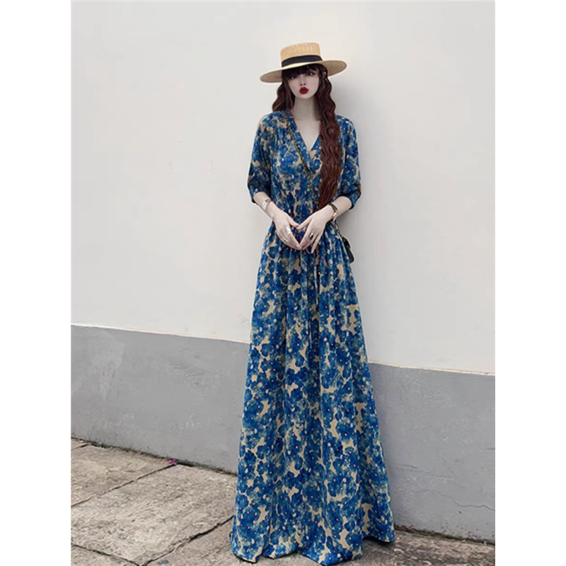 Extra-Long Ankle-Length Dress for Tall People, French Oil Painting Style, Loose, Large Size, Waist-Cinching, Slimming, Belly-Covering, Gentle Long Dress Extra-Long Ankle-Length Dress for Tall People, French Oil Painting Style, Loose, Large Size, Waist-Cinching, Slimming, Belly-Covering, Gentle Long Dress