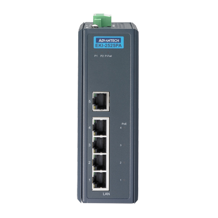 The EKI-2525PA 5 PoE switch supports 24 48VDC power input