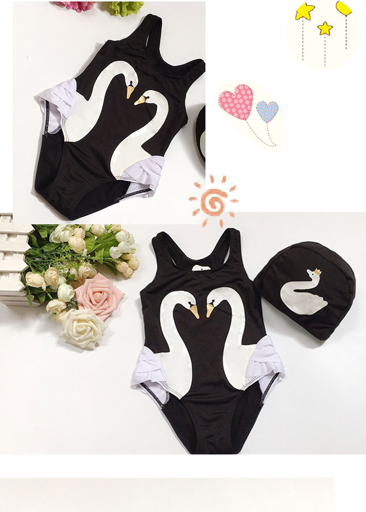 Đồ bơi cho trẻ em Công chúa bé Baby Baby Nhỏ vừa Cô bé Thiên nga đen trắng dễ thương với Bộ mũ bơi áo bơi cho bé gái