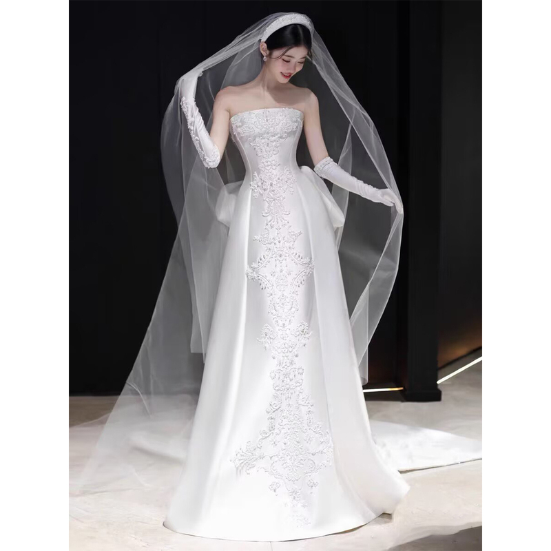 Satin Light Wedding Dress for Bride 2026 New French Style Simple High-End Texture Light Luxury Small Train for Wedding Reception